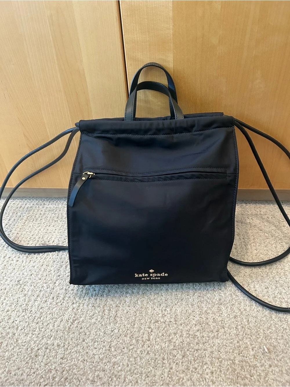 kate spade Black Nylon Drawstring Backpack with Gold Logo - Picture 3 of 4